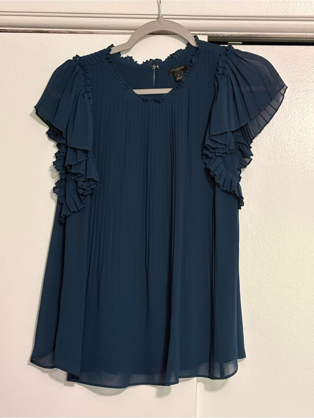 Ann Taylor Teal-Blue Ruffle Sleeve Chiffon Blouse
